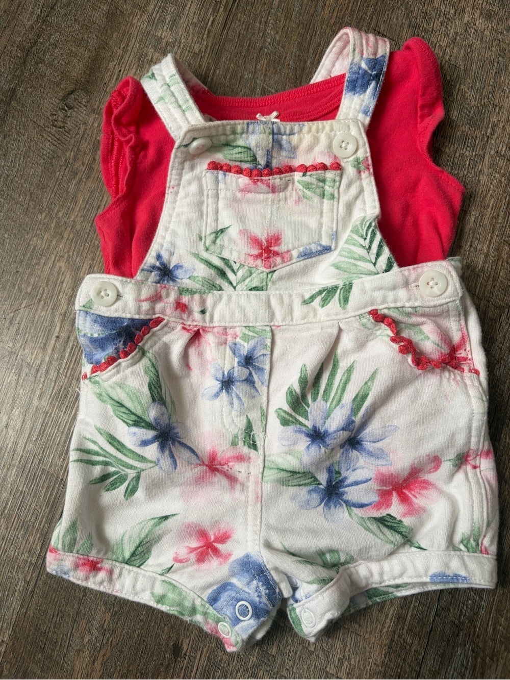 Girls White Floral Short Overalls with red Top